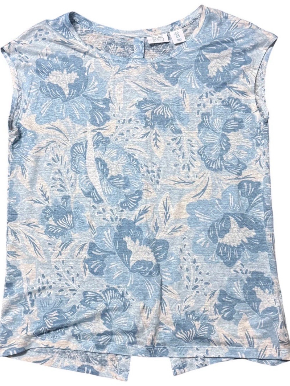 Sigrid Olsen 100% Linen Top Size Medium Tropical Cap Sleeve TShirt Light Blue F6